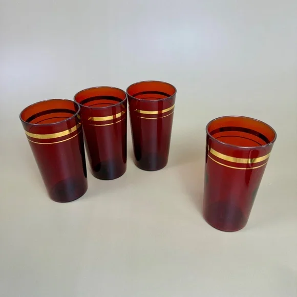 Vintage Ruby Red Glass Tumblers with Gold Design – Set of 4 - Picture 11 of 16